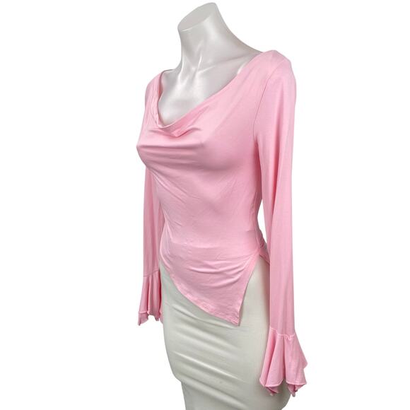 Edikted Rayna Women's Pink Cowl Neck Bell Sleeve Asymmetrical Hem Blouse Top XS - Picture 3 of 6
